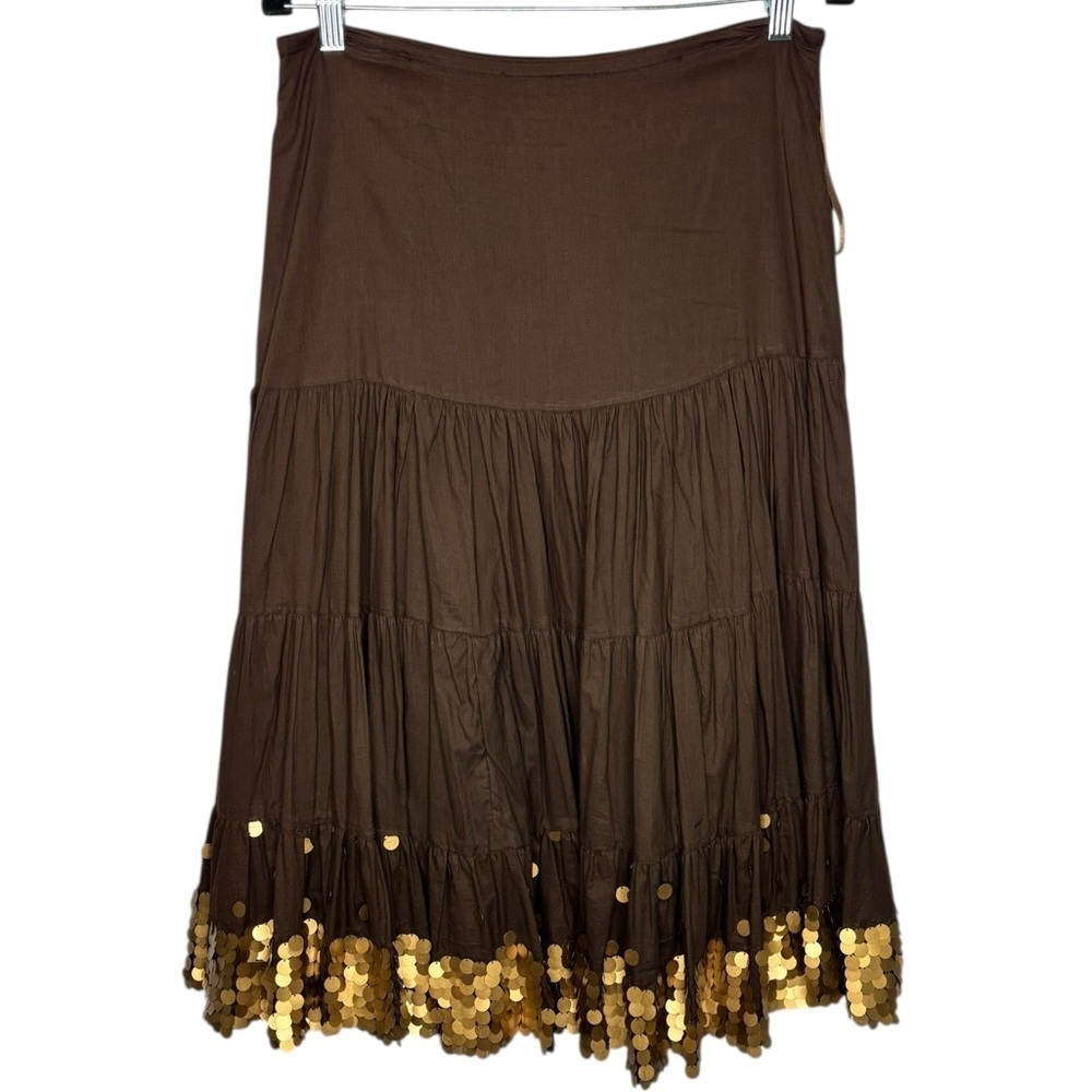 ZASHI Women’s Brown Cotton Sequin Size Medium Tiered Gold Paillette Hem Boho